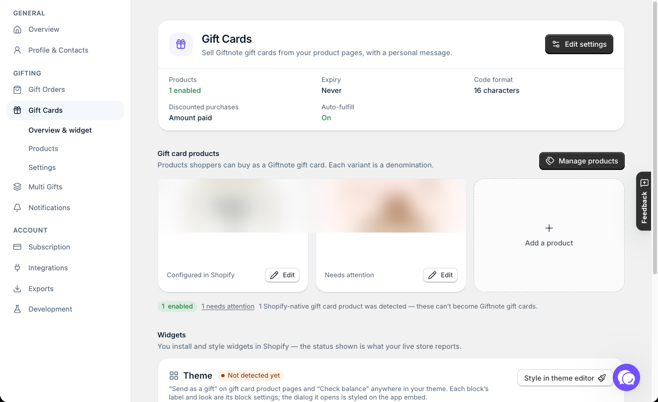 Settings β Gift Cards: your gift card products and the Send as a gift and Check balance widgets.