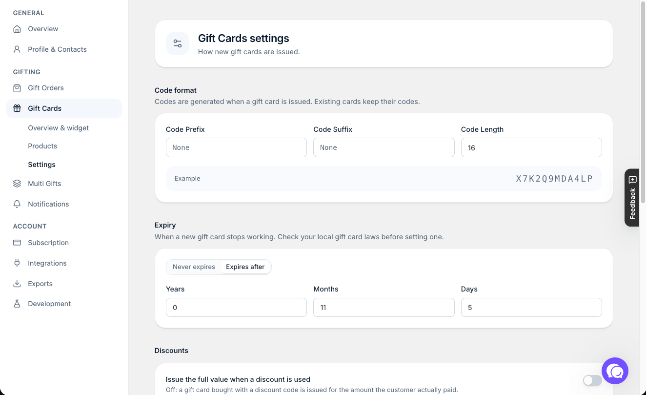 Settings β Gift Cards β Settings: Code format, Expiry, Discounts and Fulfilment.
