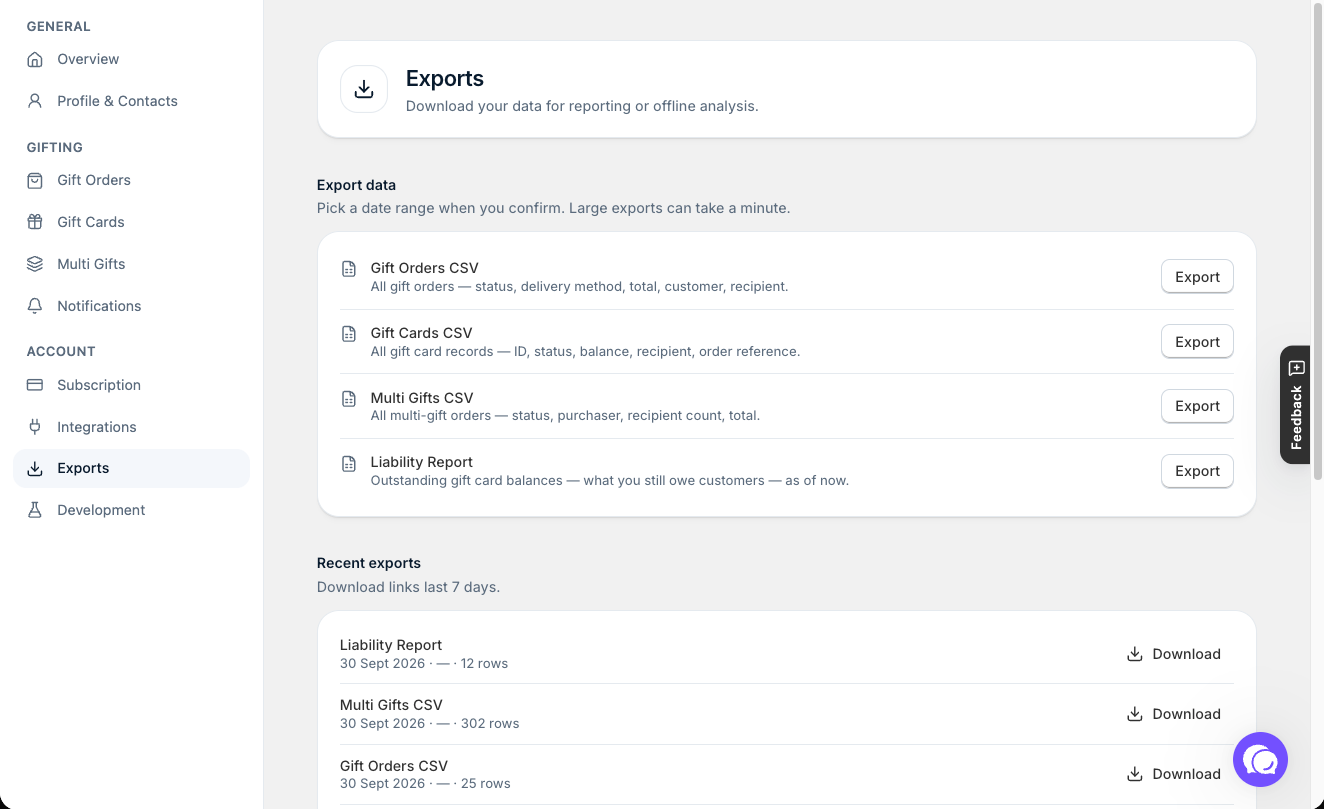 Settings → Exports: export gift orders, gift cards, multi gifts or the liability report, and download recent exports.