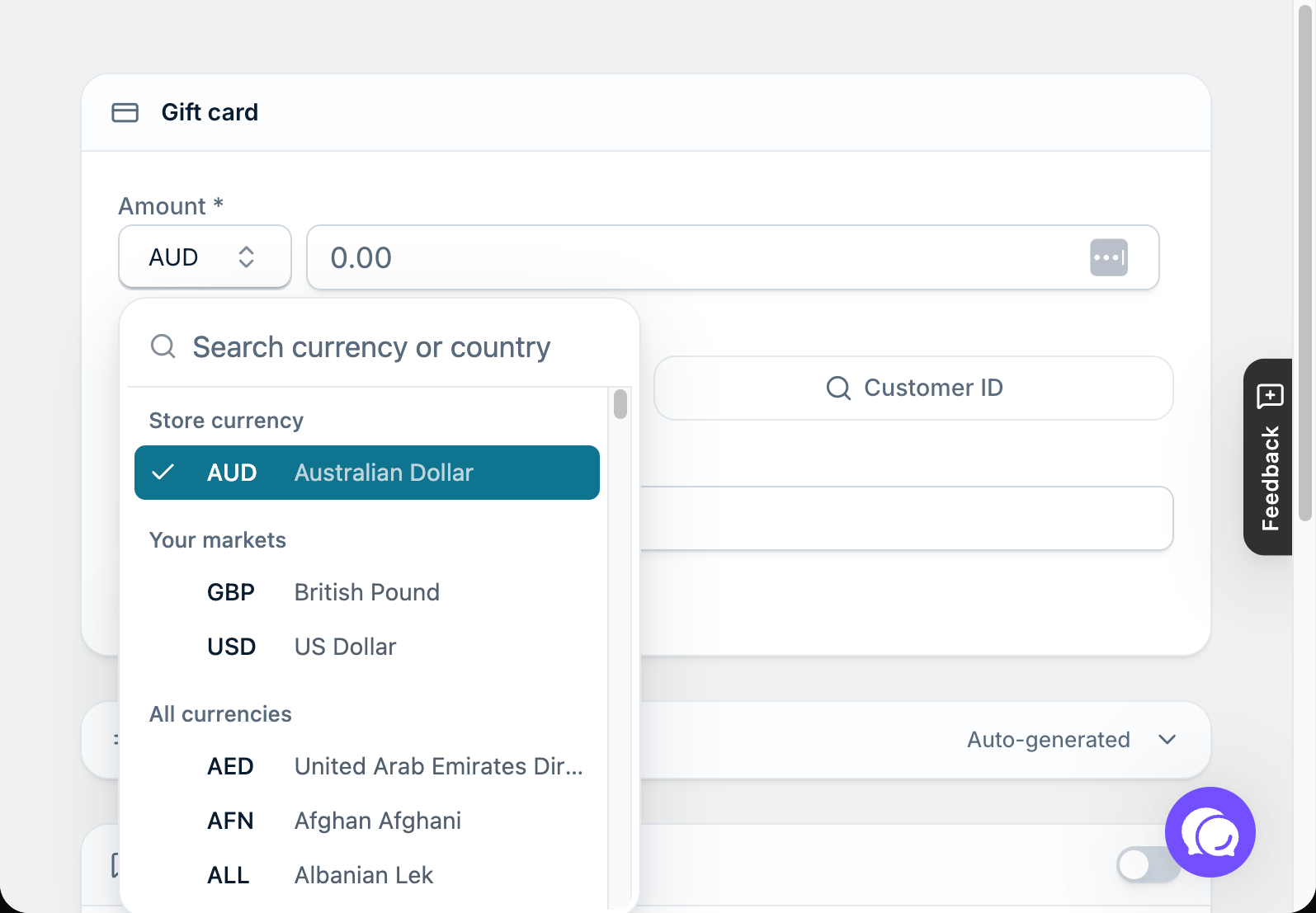 Gift Cards β Create gift card. The currency next to Amount lists your store currency, your Shopify Markets currencies and every other currency.