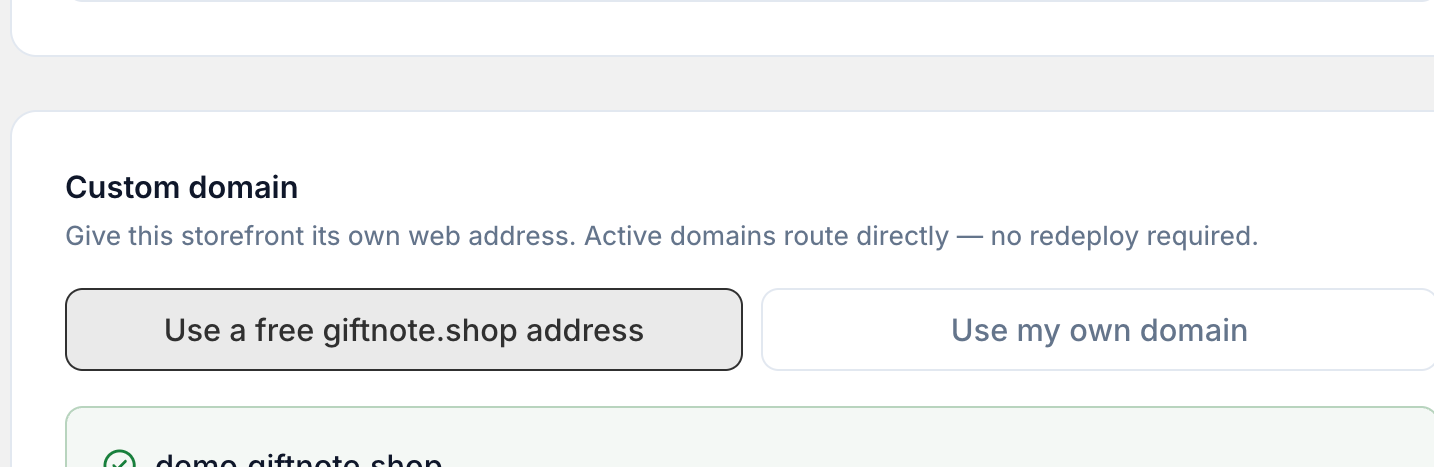 The Custom domain setting for a Multi Gift storefront.