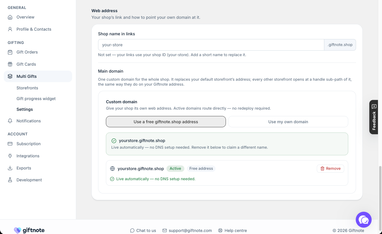 Settings → Multi Gifts → Settings → Web address: use a free giftnote.shop address or your own domain.