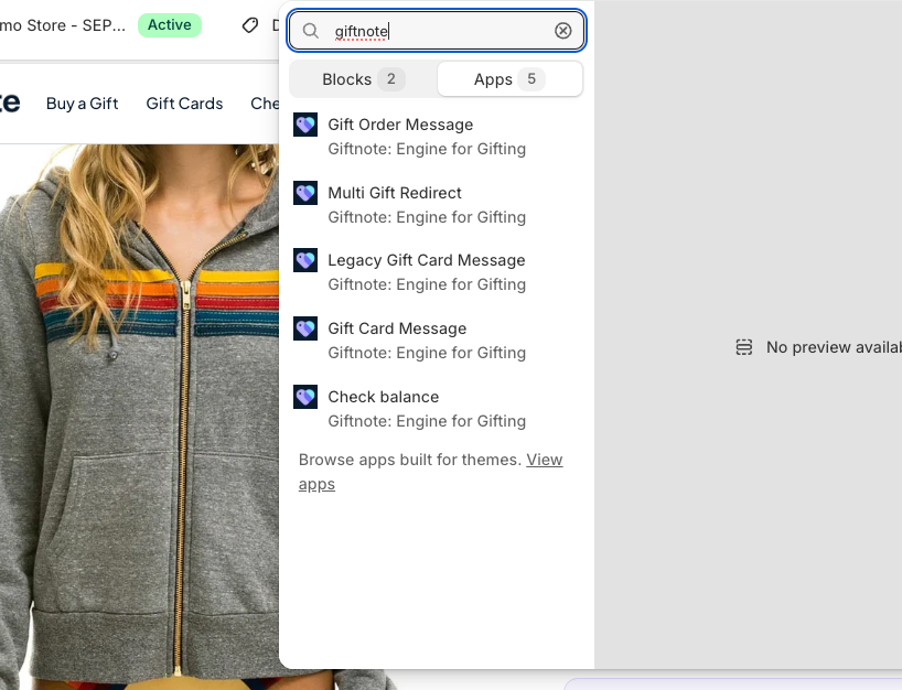 Shopify theme editor: Add block with "giftnote" typed in the search box and the Apps tab open, listing Gift Order Message, Multi Gift Redirect, Legacy Gift Card Message, Gift Card Message and Check balance
