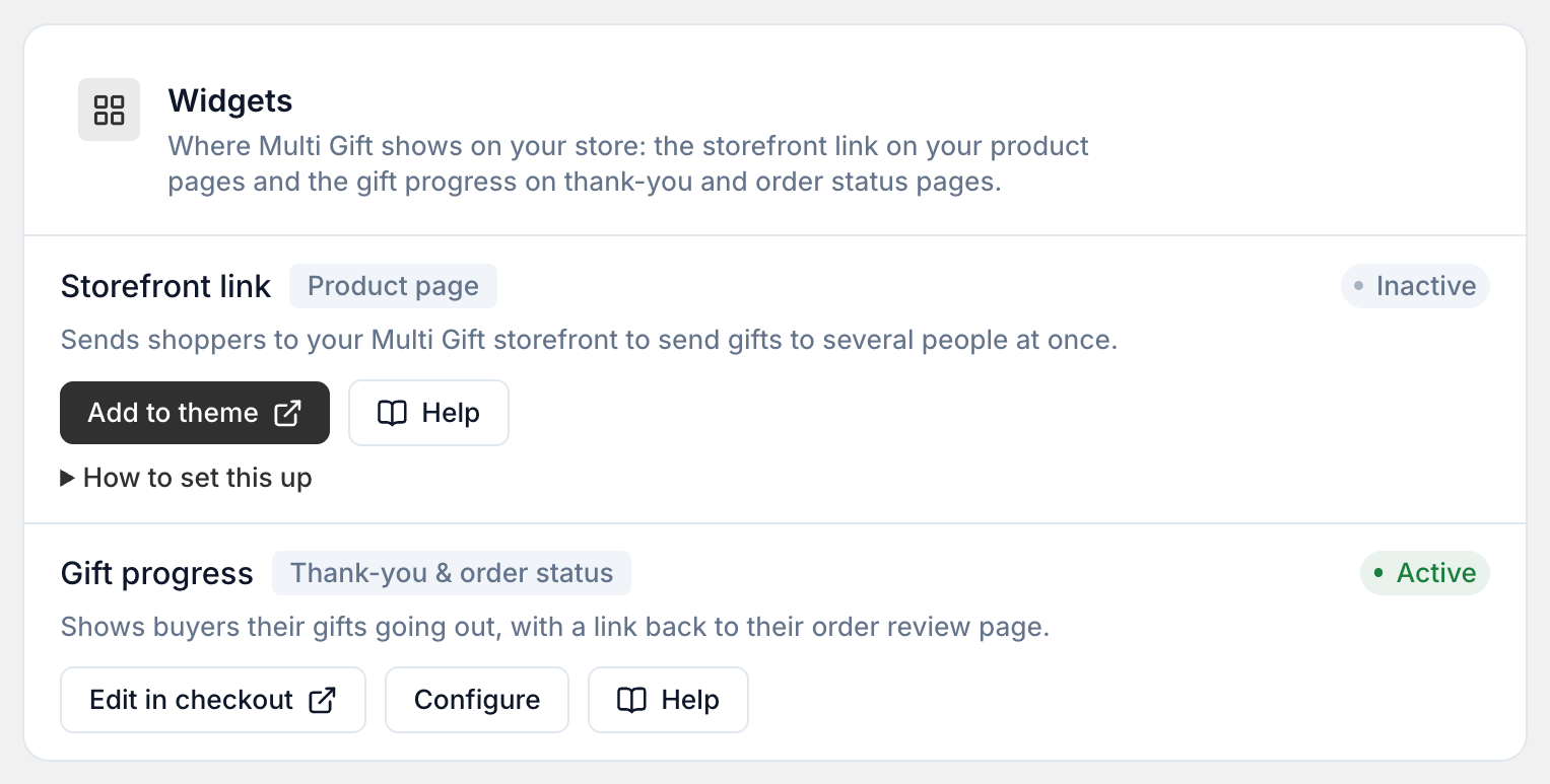 Settings → Multi Gifts in the Giftnote app: the Widgets card, with Storefront link (Product page) marked Inactive with Add to theme and Help buttons, and Gift progress (Thank-you & order status) marked Active with Edit in checkout, Configure and Help buttons