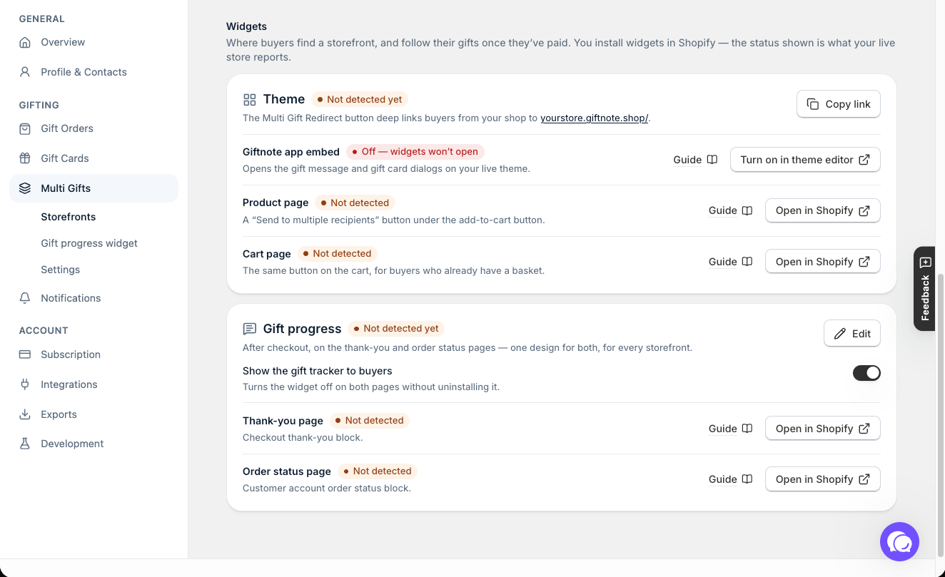 Settings β Multi Gifts β Widgets: the Send to multiple recipients button for product and cart pages, and Copy link.