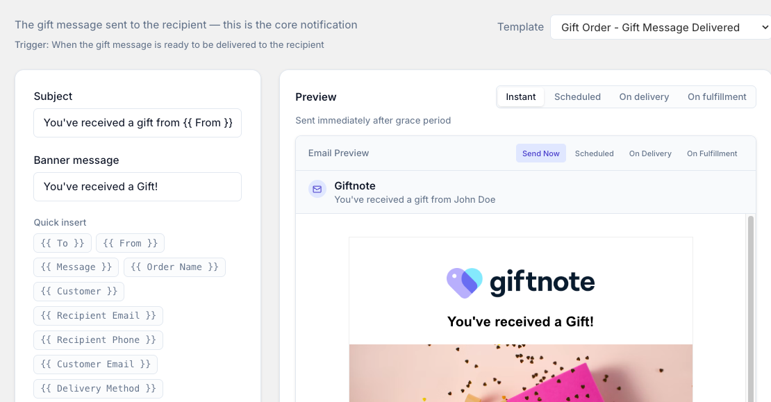The SMS template editor, with quick-insert fields and a live preview.