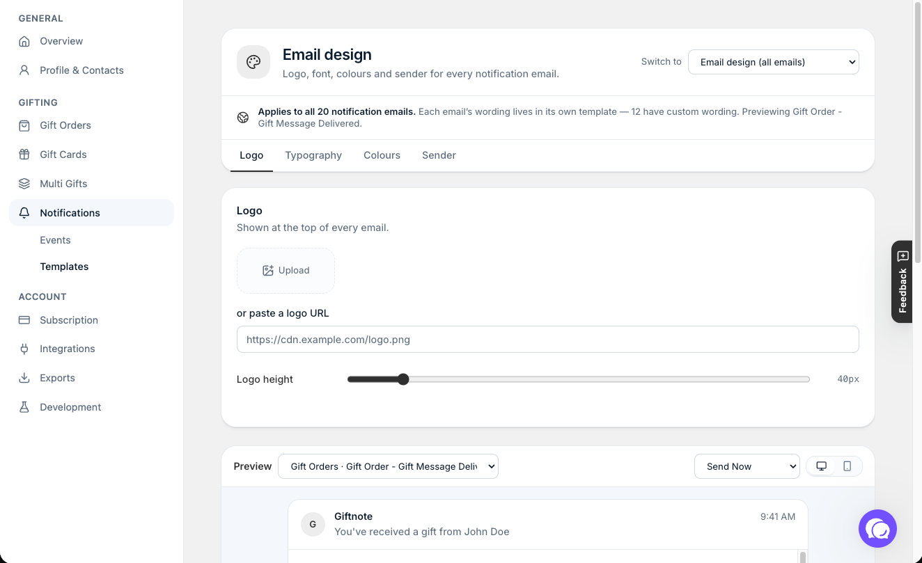Settings β Notifications β Edit email design: logo, typography, colours and sender, with a live preview.