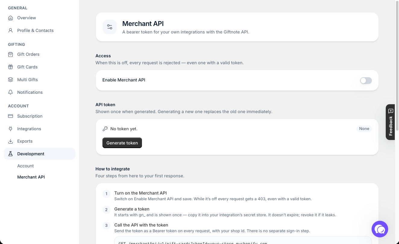 Settings β Development β Merchant API: turn on the API, generate a token and follow the four integration steps.