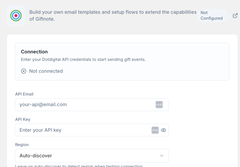 Settings β Integrations β Dotdigital: API email, API key and region.