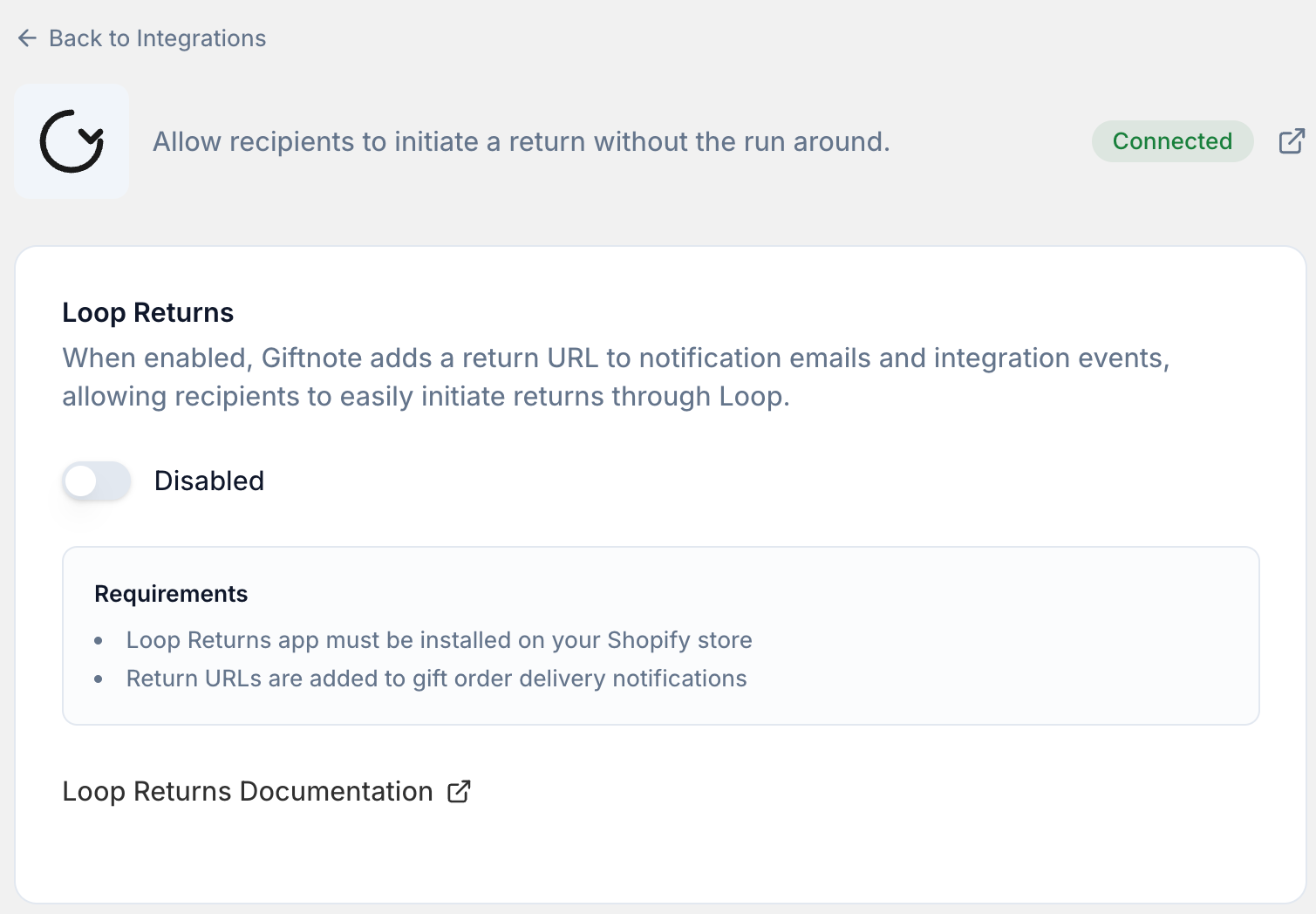 Settings β Integrations β Loop Returns.