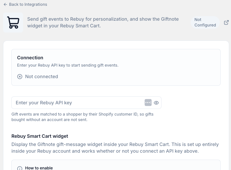 Settings β Integrations β Rebuy: API key and the Rebuy Smart Cart widget.