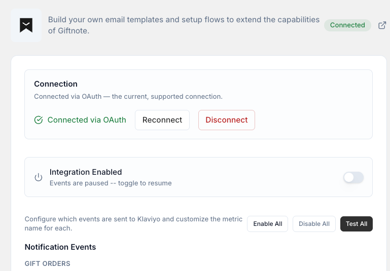 Settings → Integrations → Klaviyo: connection, Integration Enabled and notification events.