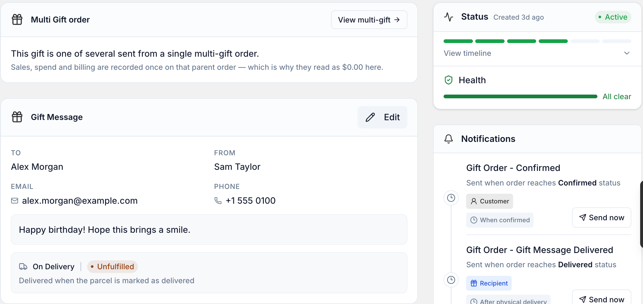 A gift order in Giftnote, showing the gift message, sender, recipient and notifications.