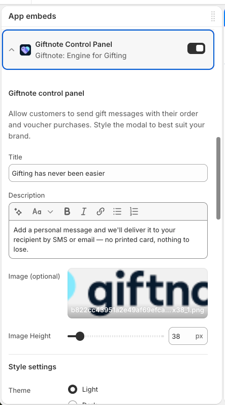 Shopify theme editor App embeds panel: Giftnote Control Panel toggled on and expanded, showing the Title, Description, Image and Image Height settings