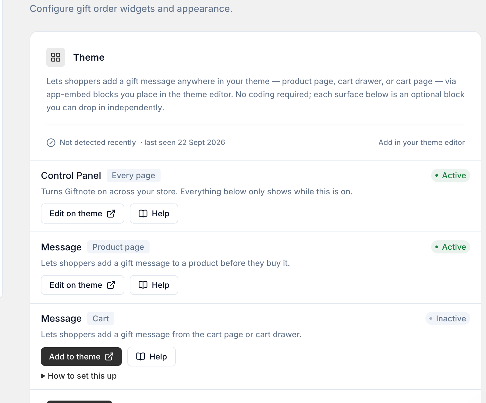 Settings β Gift Orders in the Giftnote app: the Theme card with Control Panel (Every page), Message (Product page) and Message (Cart) rows, each marked Active or Inactive, with Edit on theme, Add to theme and Help buttons