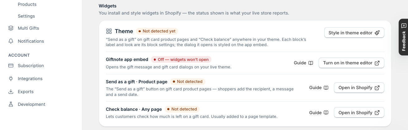 Settings β Gift Cards: the Send as a gift and Check balance widgets, with the Giftnote app embed status.
