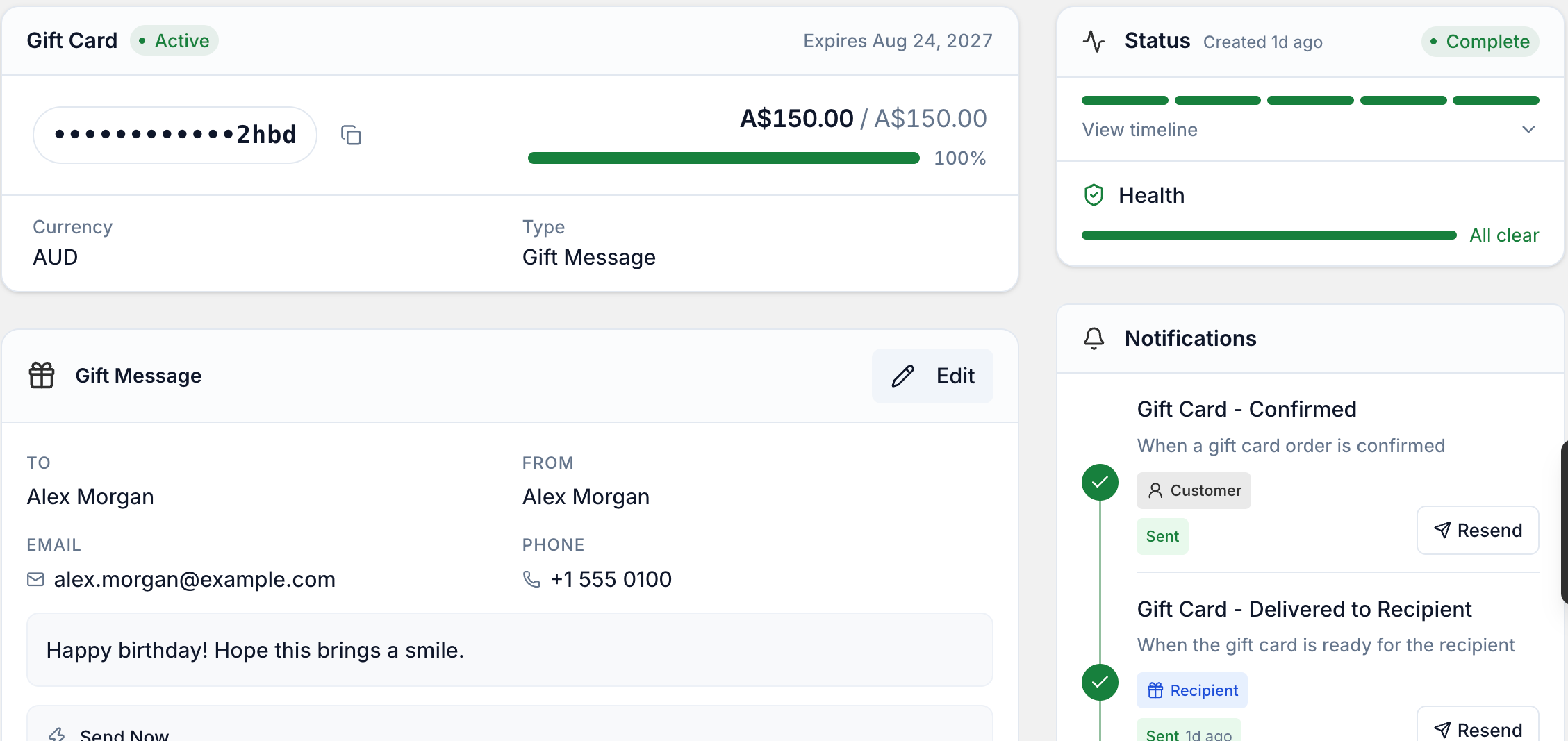 A gift card in Giftnote, showing its status, balance and notifications.