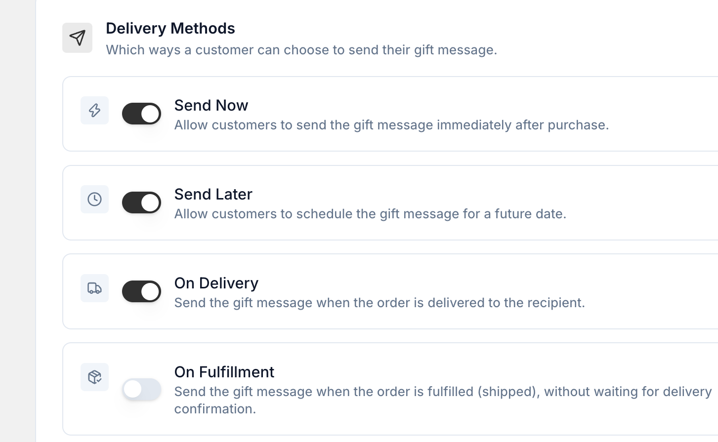 The Delivery Methods card in Settings, Gift Orders, Advanced, with a switch for each of Send Now, Send Later, On Delivery and On Fulfillment
