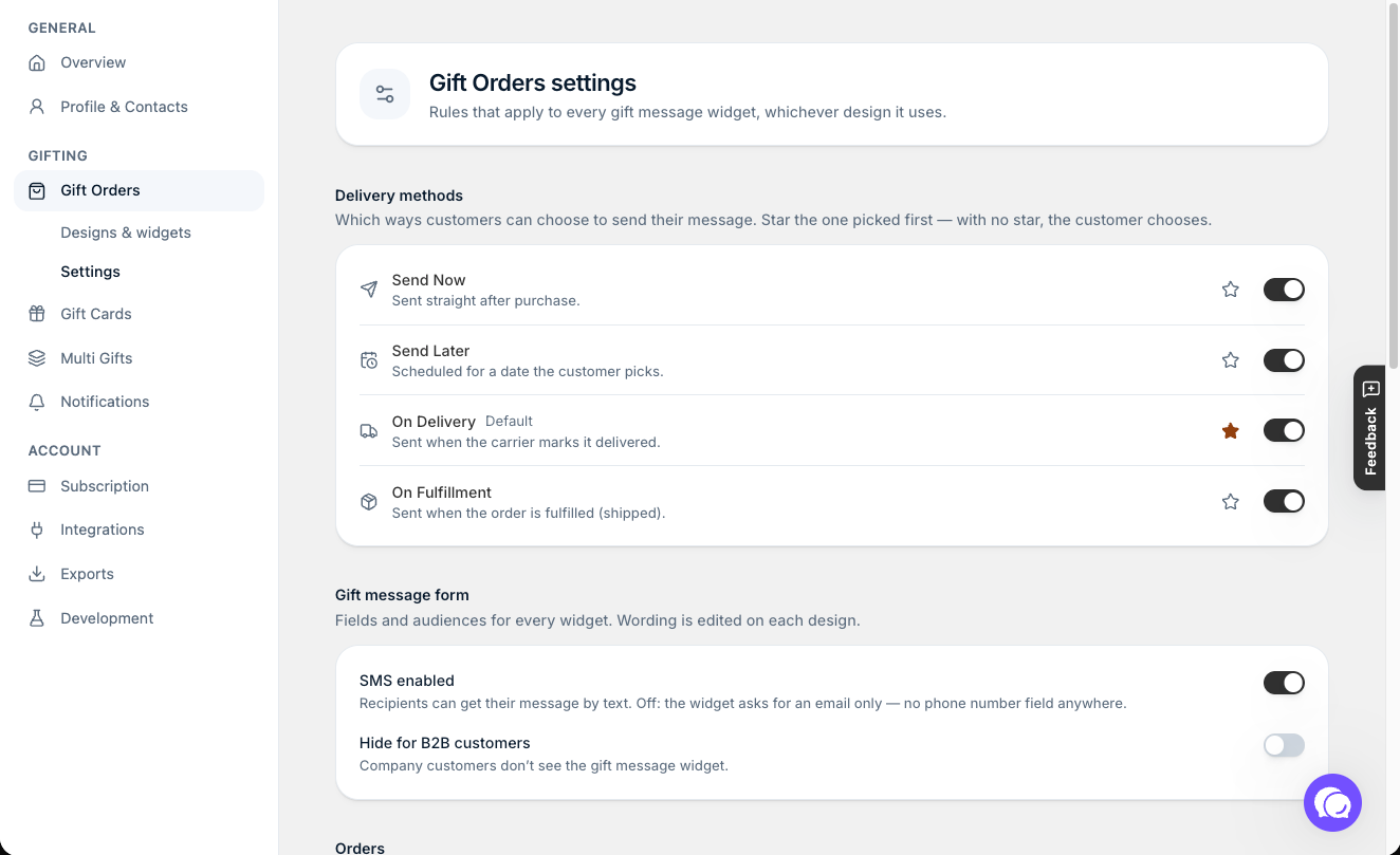 Settings β Gift Orders β Settings: Delivery methods. Star the method customers see first.