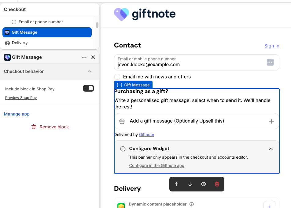 Shopify checkout editor: the Gift Message block selected, with Checkout behavior → Include block in Shop Pay switched on, next to a preview of the gift message option in checkout