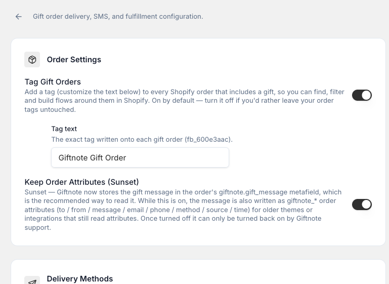 Settings → Gift Orders → Advanced, including Keep Order Attributes.