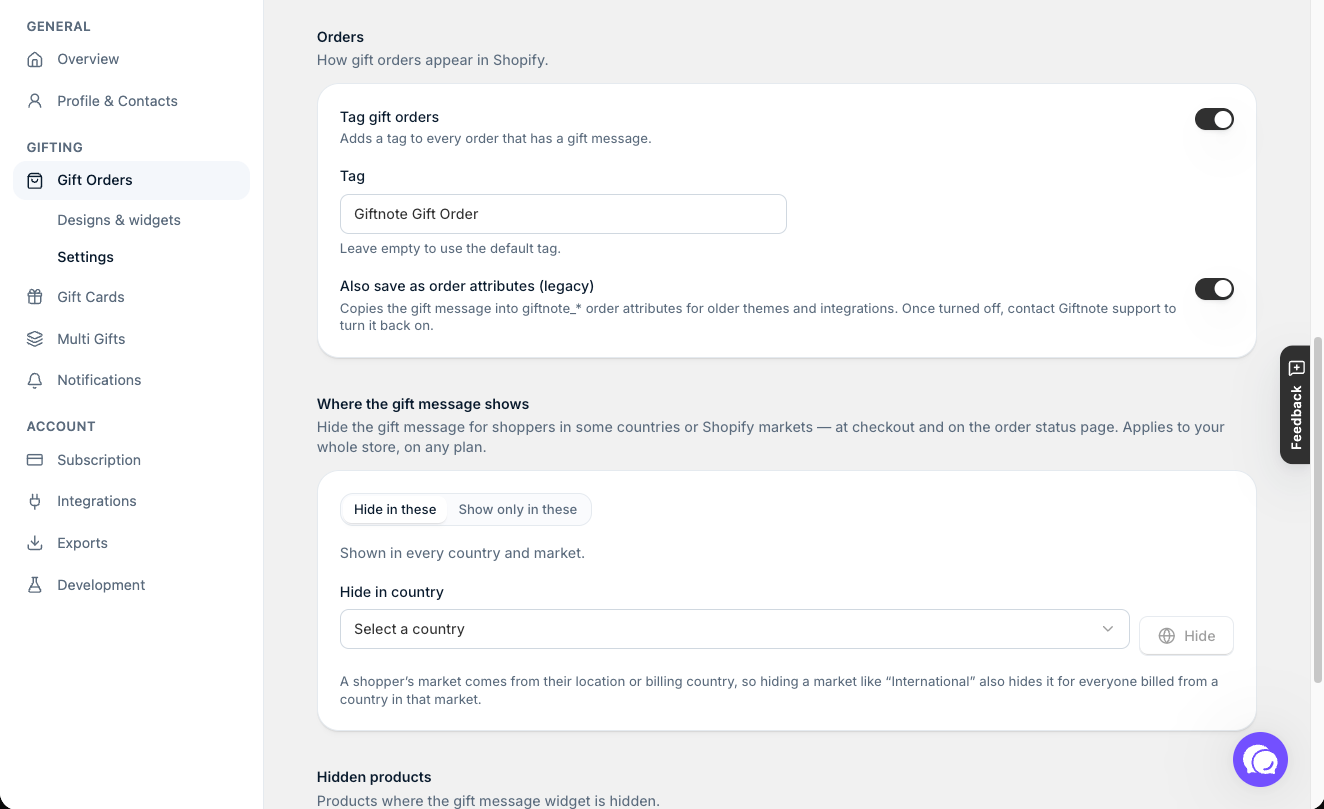 Settings β Gift Orders β Settings β Orders, including Also save as order attributes (legacy).