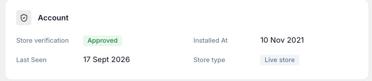 Settings → Overview, showing your store's account details.