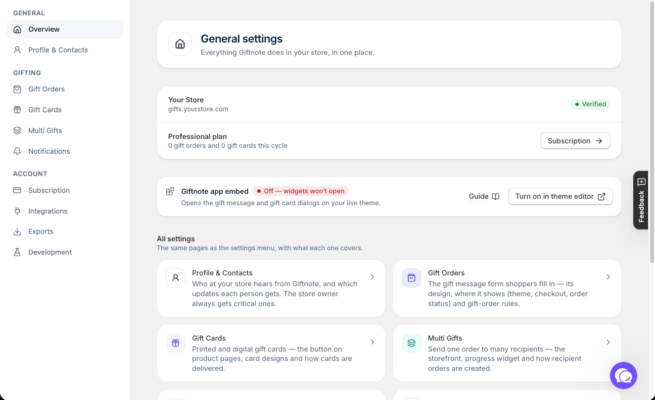 Settings β Overview (General settings), showing your store and plan.