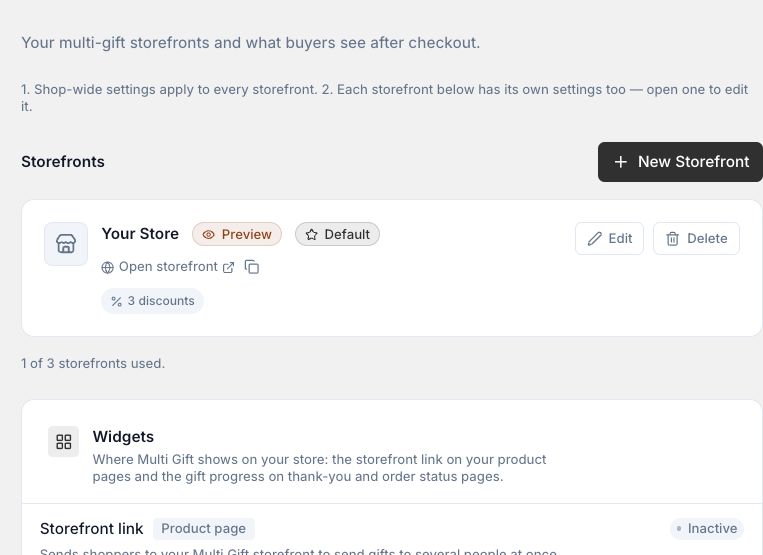 Settings → Multi Gifts. Select Edit on a storefront to change how it looks.