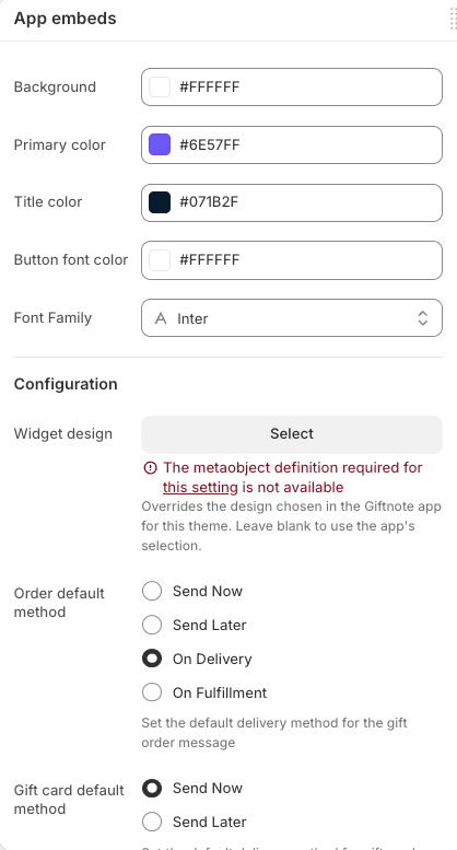 Giftnote Control Panel app embed settings: Background, Primary color, Title color, Button font color and Font Family, then the Configuration section with Widget design, Order default method and Gift card default method