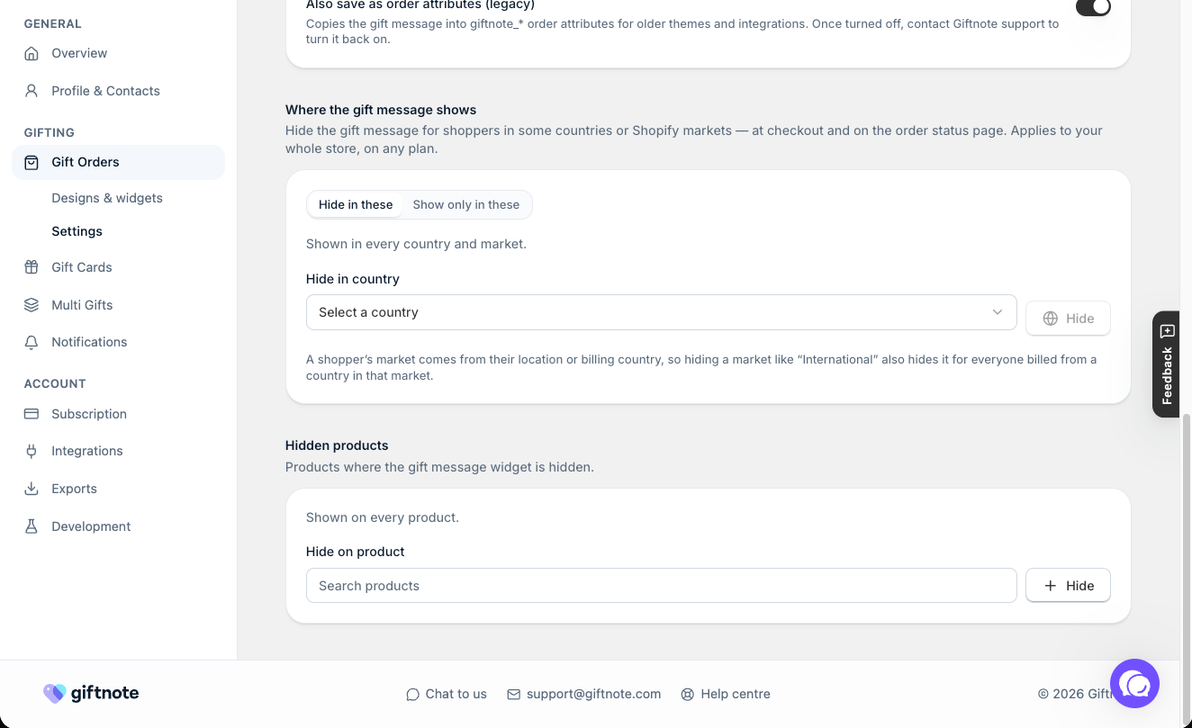 Settings → Gift Orders → Settings: Where the gift message shows, and Hidden products.