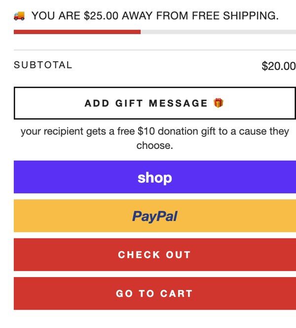Example cart drawer with the donation gift line under the gift message button