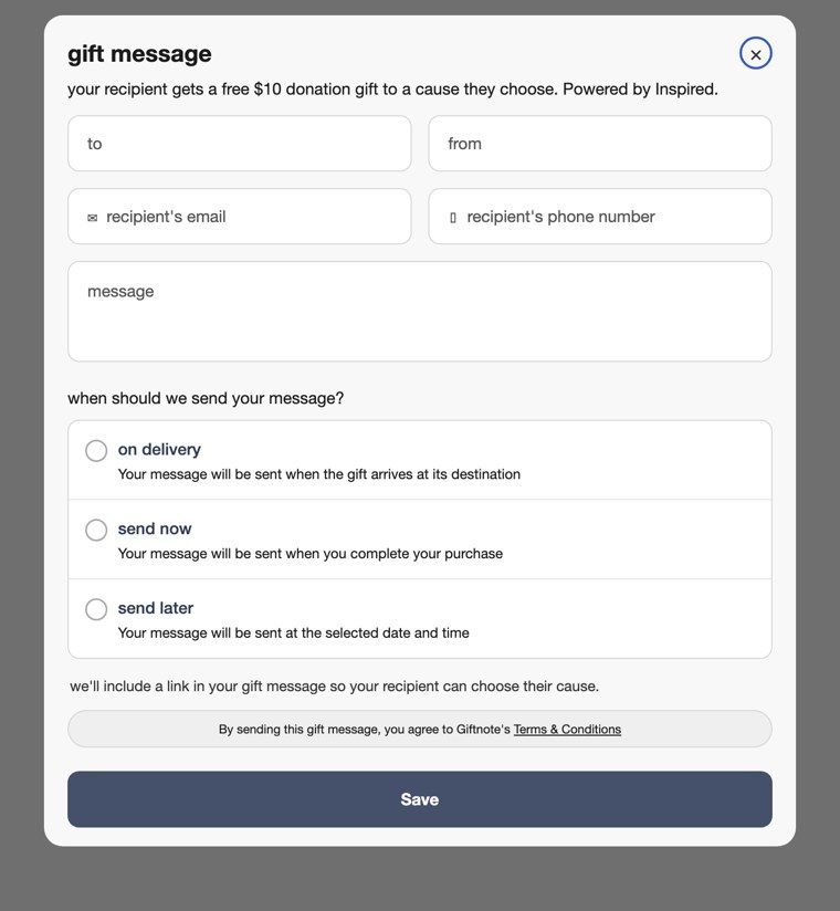 Example gift message form with the donation gift copy
