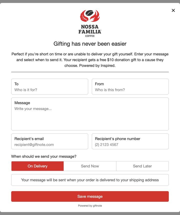 Example gift message pop-up with the donation gift copy
