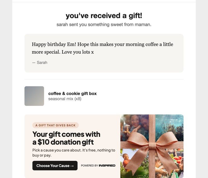 Example recipient email with the donation gift banner