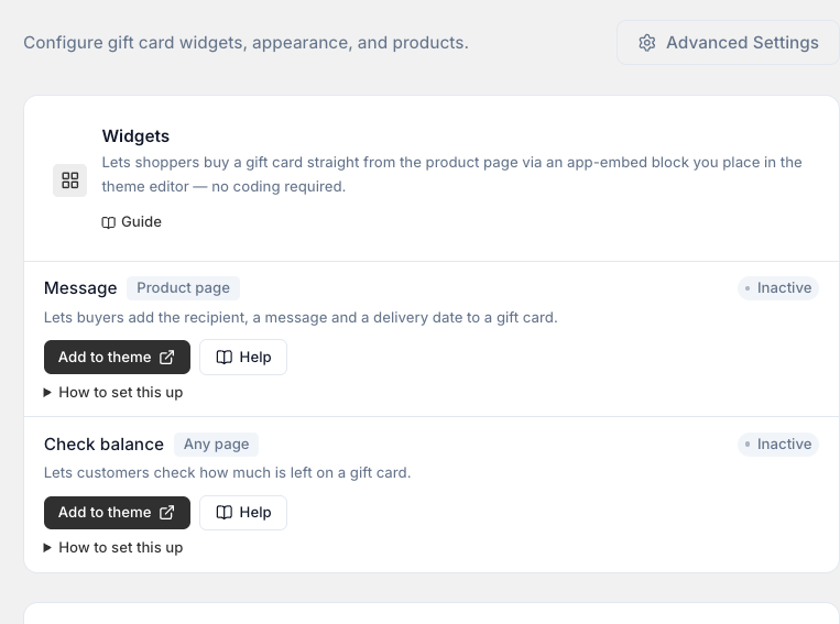 Settings → Gift Cards.