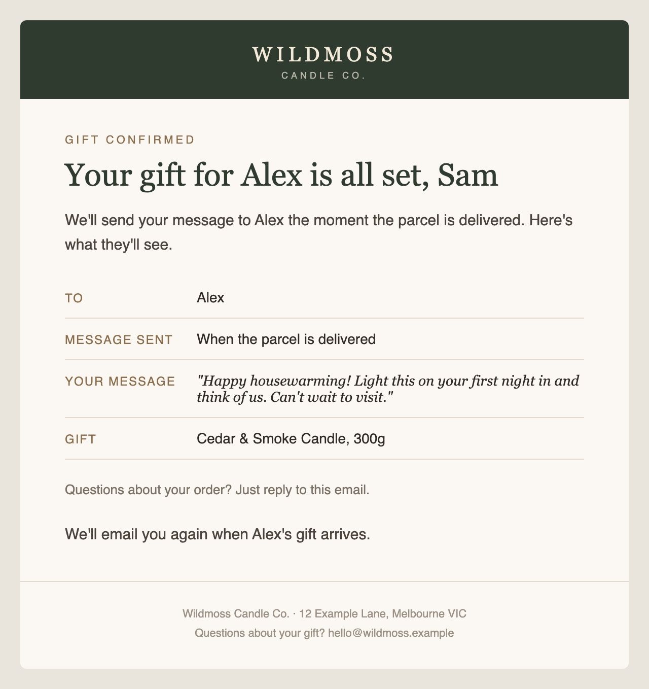 Example Flow 1 Placed Gift Order email for the fictional brand Wildmoss Candle Co.