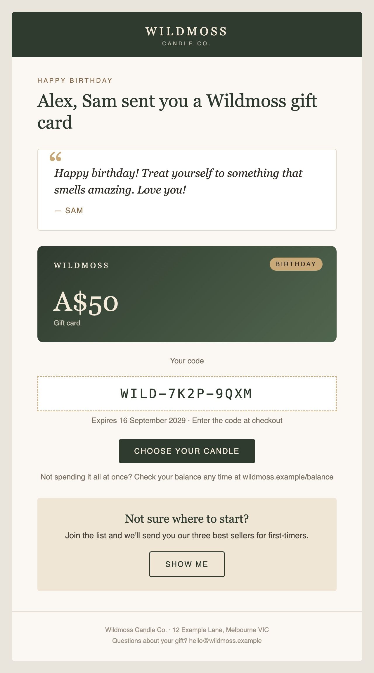 Example Flow 6 Received Gift Card email for the fictional brand Wildmoss Candle Co.