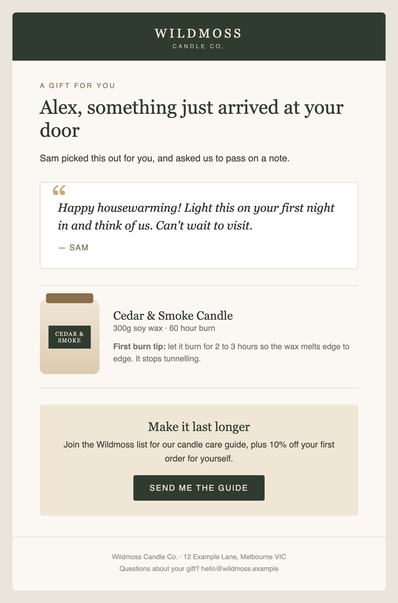 Example Flow 3 Received Gift Order email for the fictional brand Wildmoss Candle Co.
