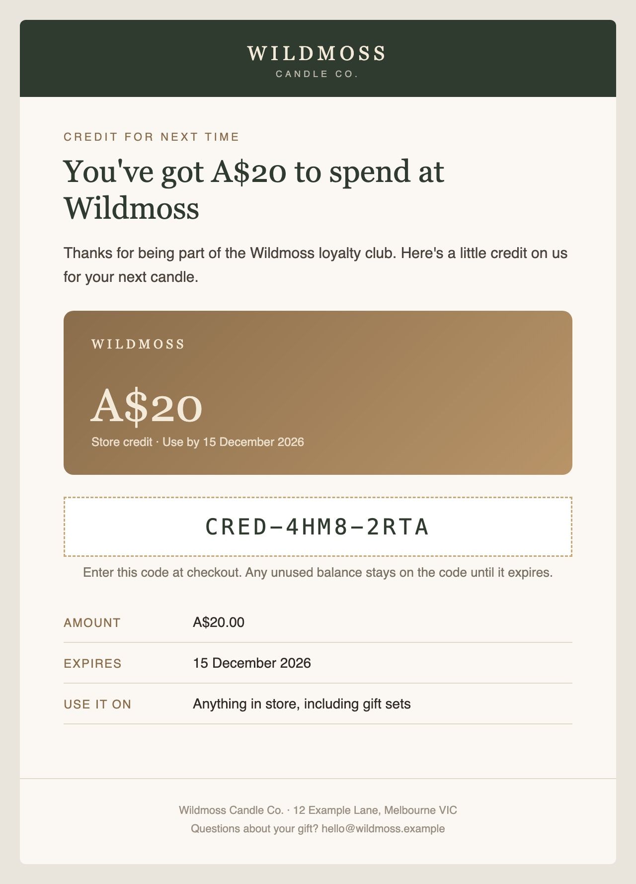 Example Flow 9 Issued Store Credit email for the fictional brand Wildmoss Candle Co.