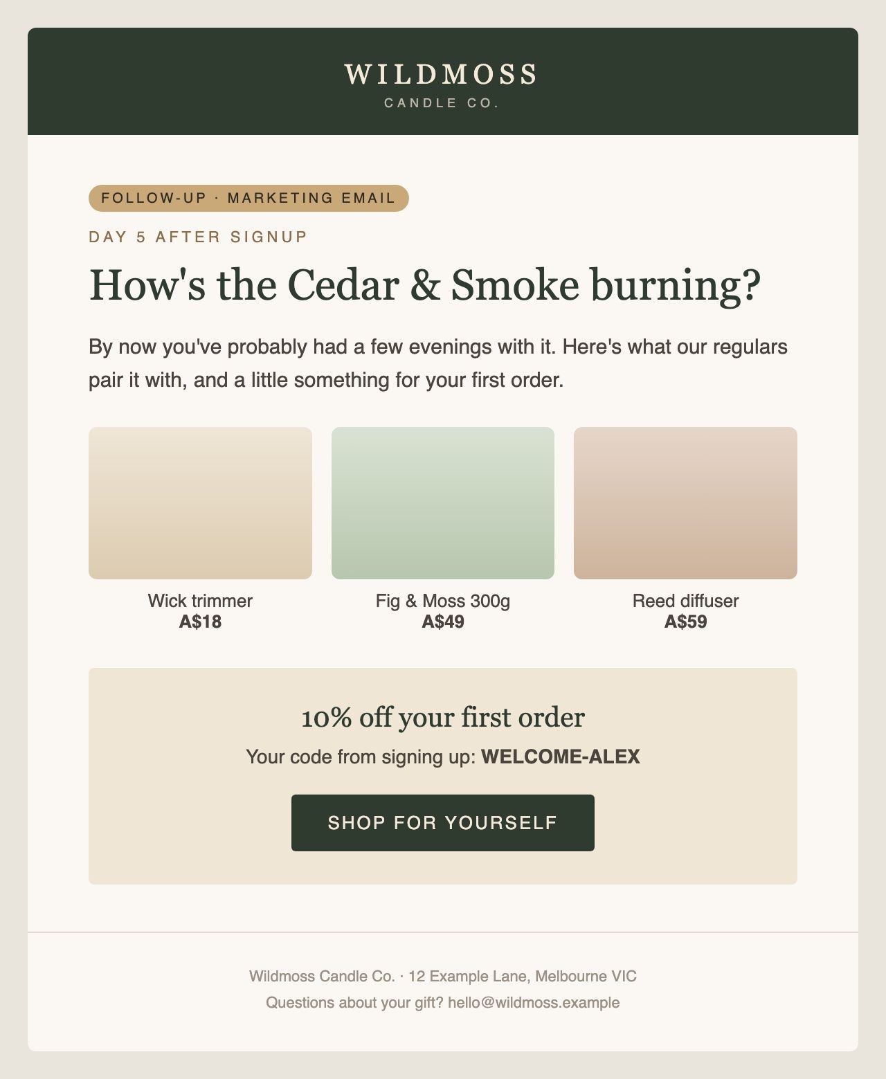Example day 5 recipient follow-up marketing email for the fictional brand Wildmoss Candle Co.