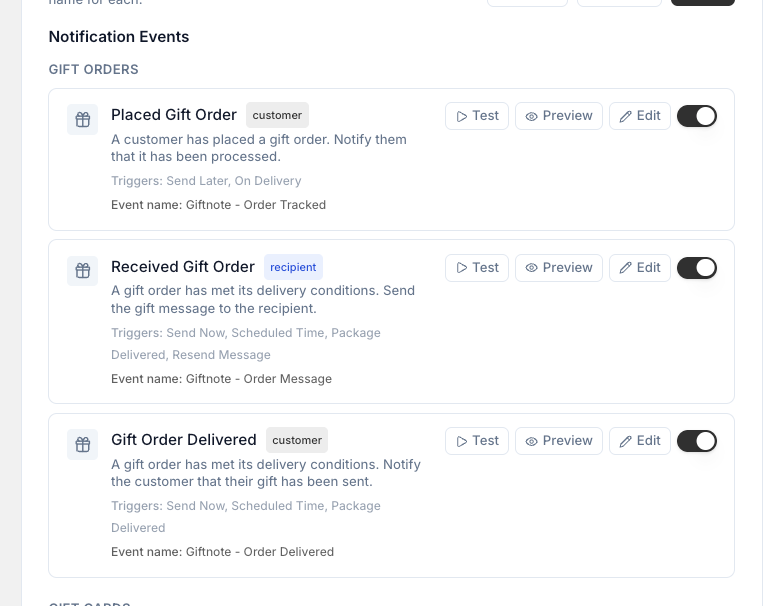 The Klaviyo notification events list in Giftnote.