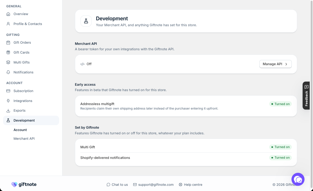 Settings β Development: the Merchant API, Early access features and features set by Giftnote.