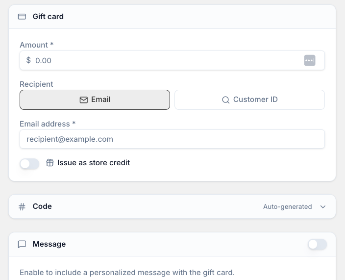 Gift Cards → Create, with the Issue as store credit option.