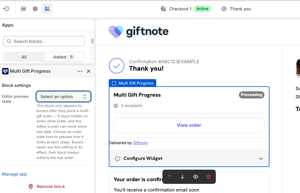 The Multi Gift Progress block on the Thank you page in Shopify's checkout editor, with its Editor preview state setting