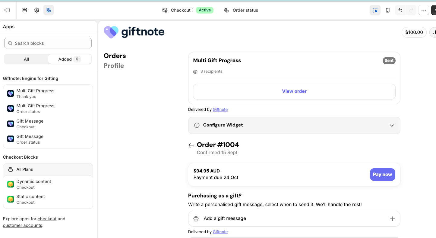 The Multi Gift Progress block on the Order status page, with the Giftnote blocks listed in the Apps panel