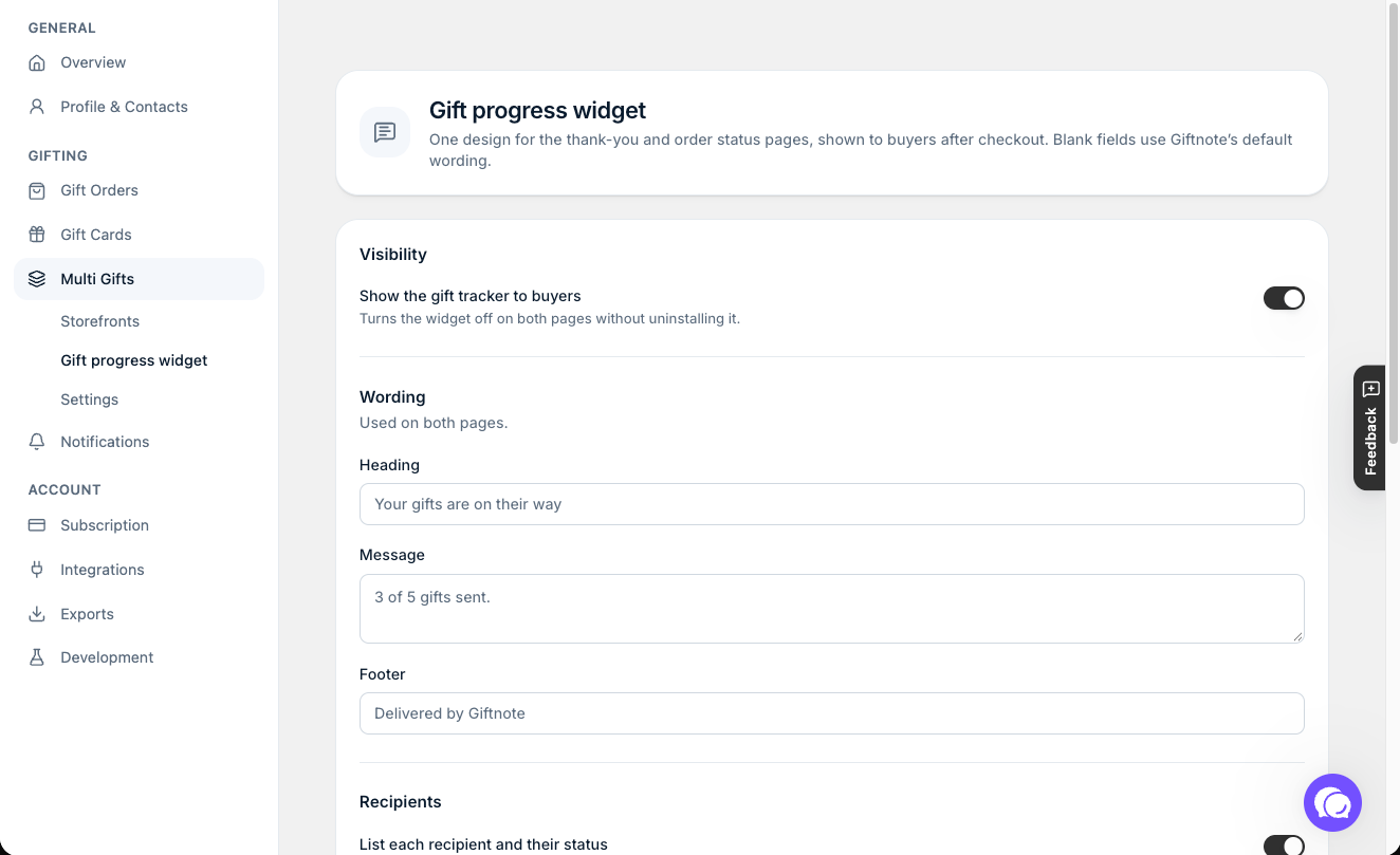 Settings β Multi Gifts β Gift progress widget: visibility, wording and a preview of both pages.