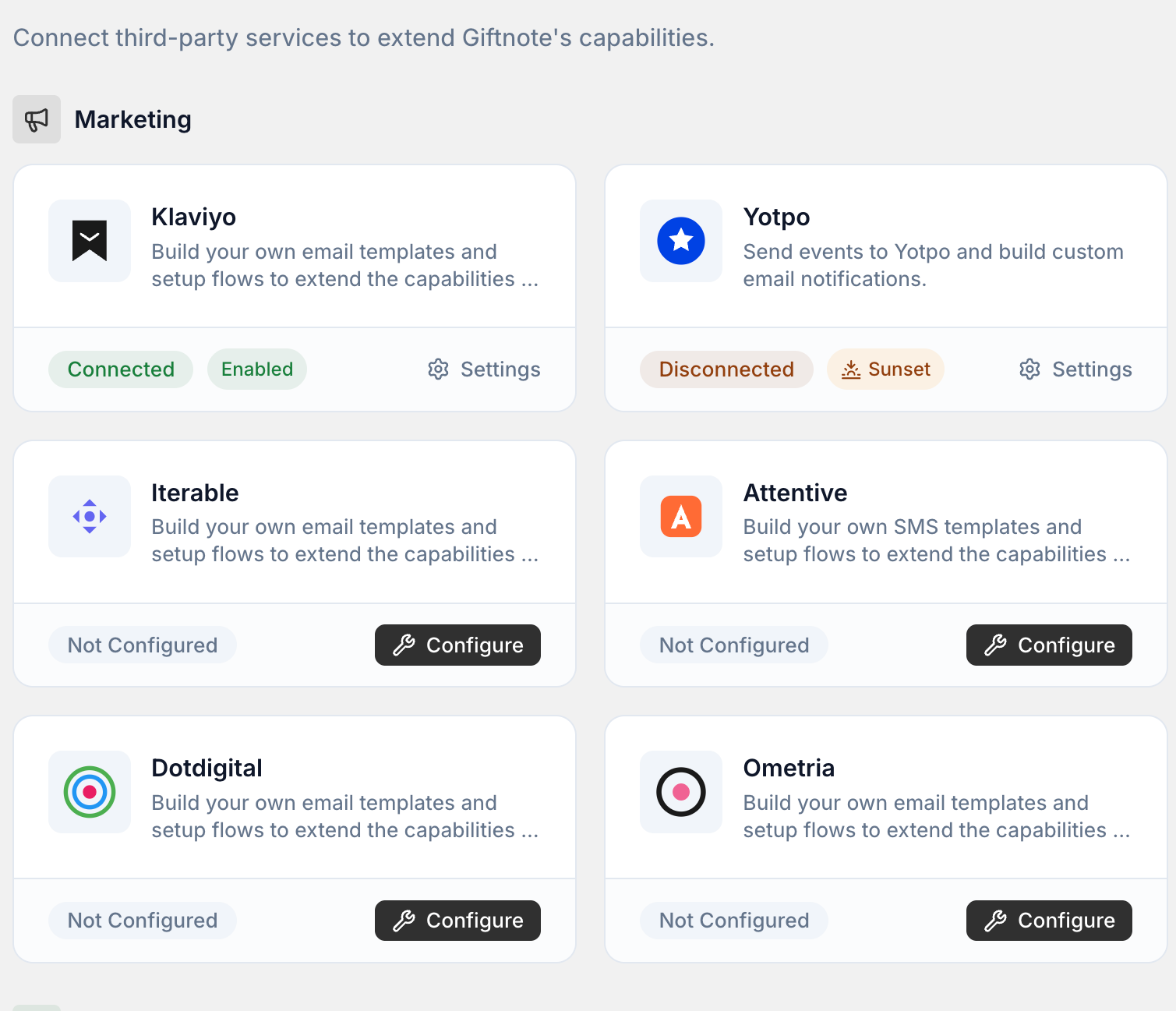 Settings → Integrations, with each marketing integration and its connection status.
