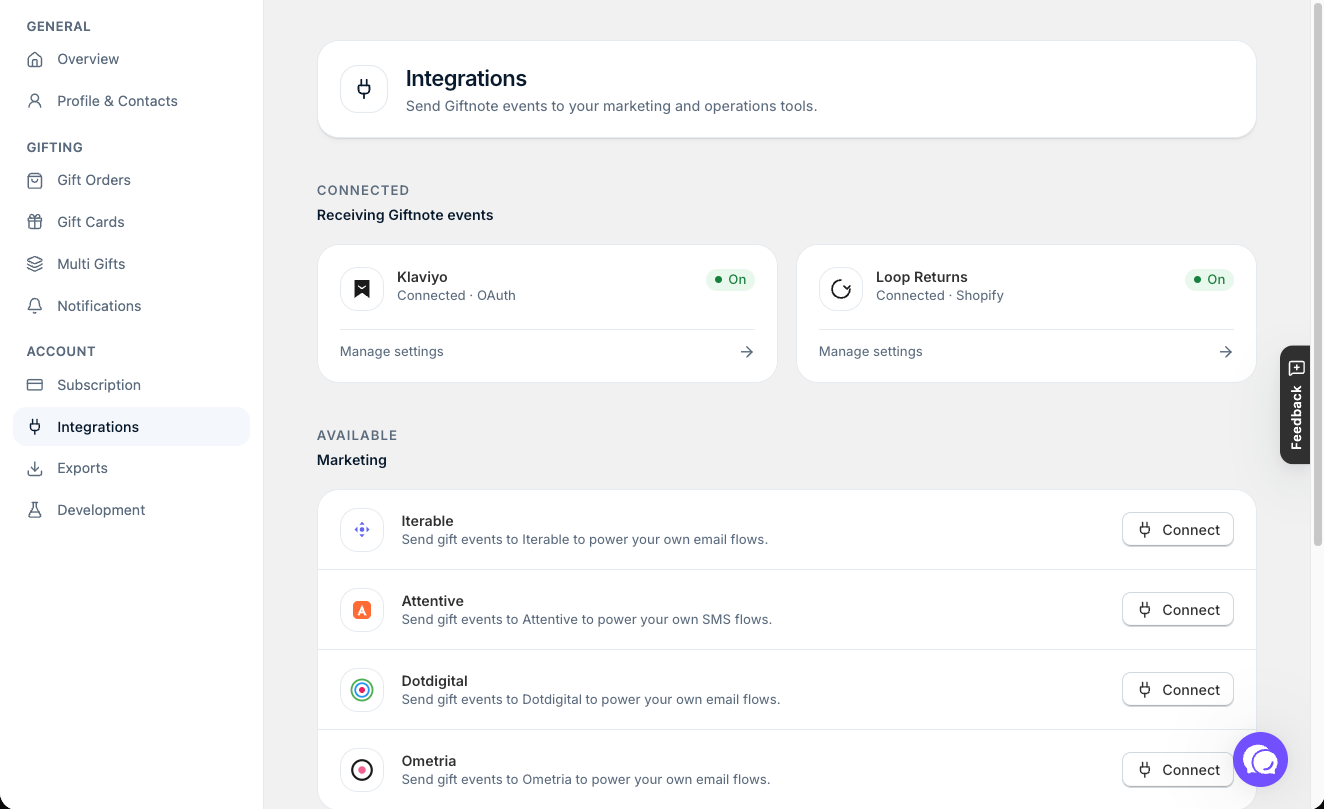 Settings β Integrations: connected tools at the top, then marketing and operations integrations you can connect.