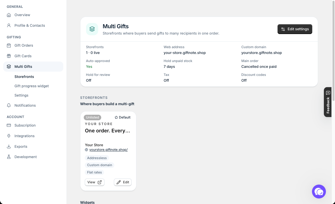 Settings β Multi Gifts: your storefronts, shop-wide settings summary and widgets.